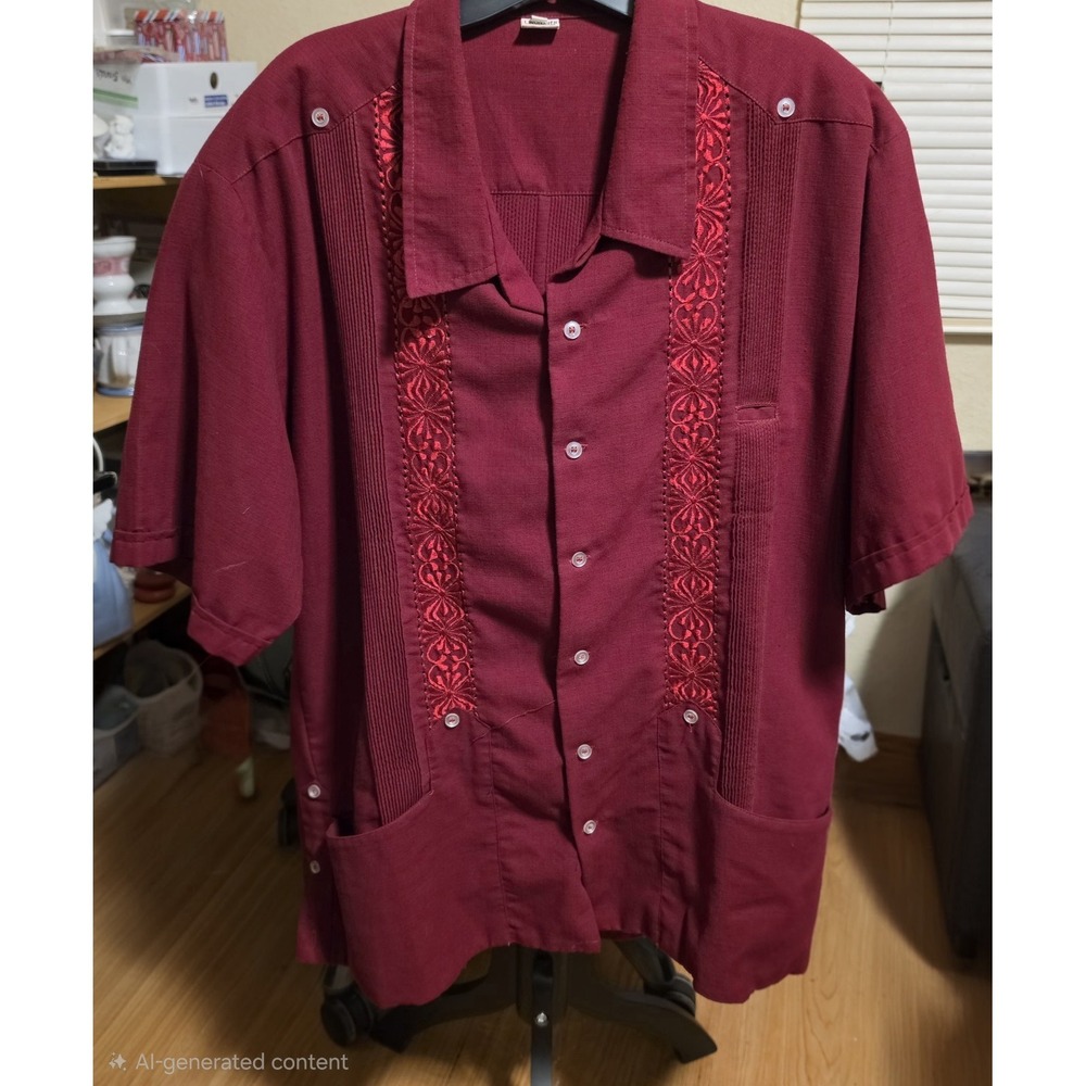Guayabera Linen Embroidered Mexican Cuban Cigar Maroon Button Shirt Mens Sz 44
